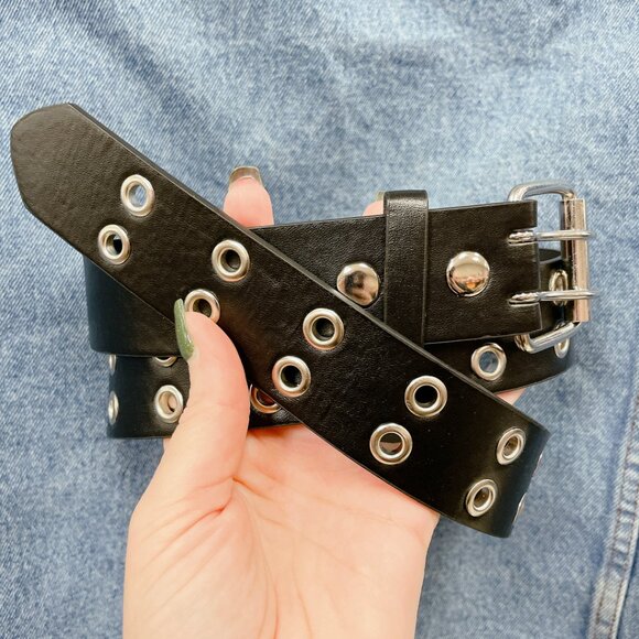 Leather belt black NEW large size 38-40 double grommet belt - Picture 3 of 7